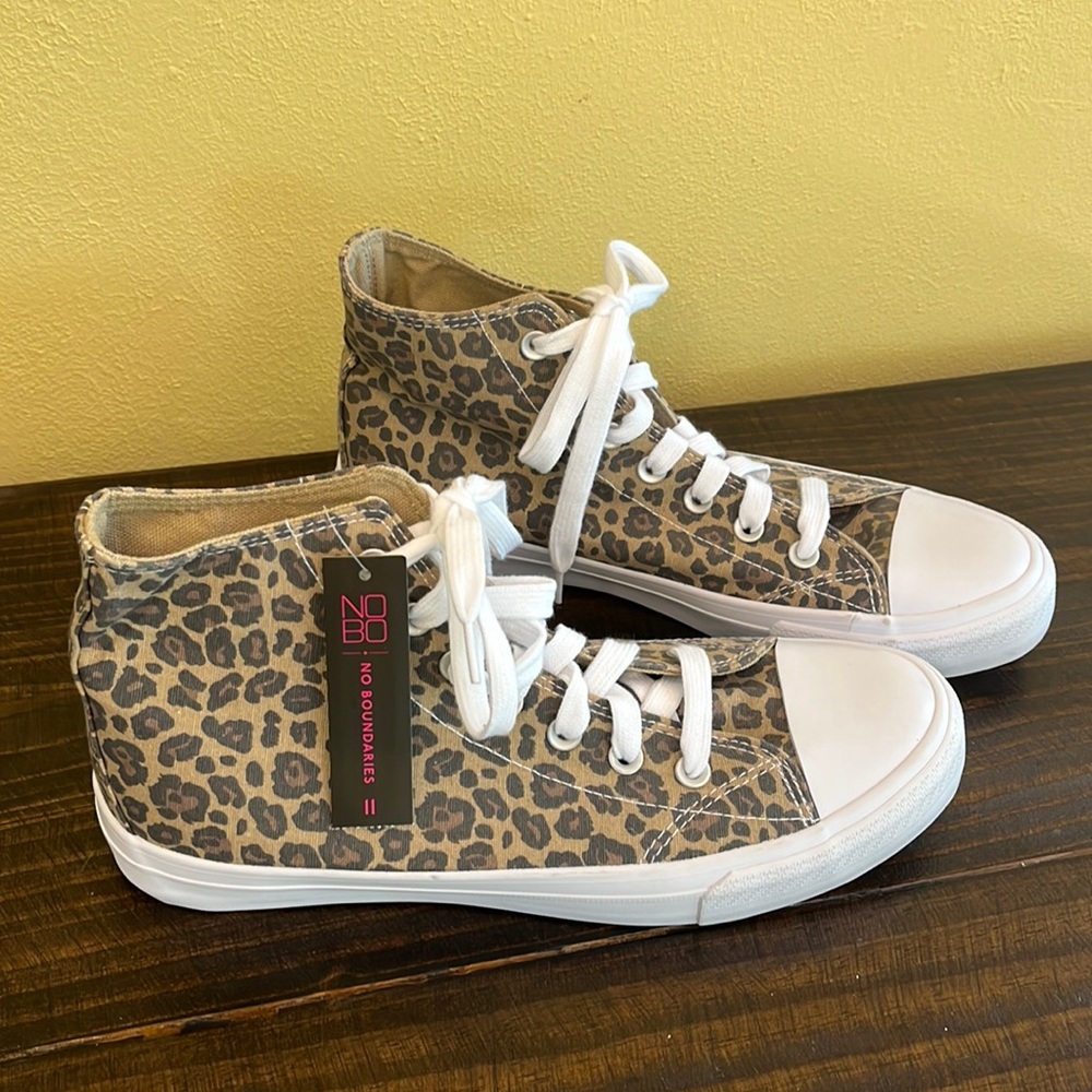 No Boundaries Leopard Print High Top Sneakers in Tan and Black